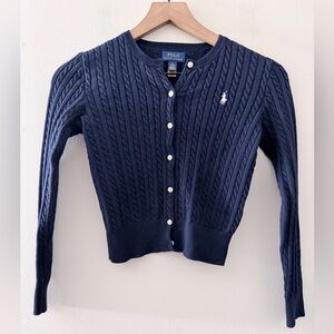 Ralph Lauren girls navy blue cable knit long sleeve cardigan white pony M 8-10